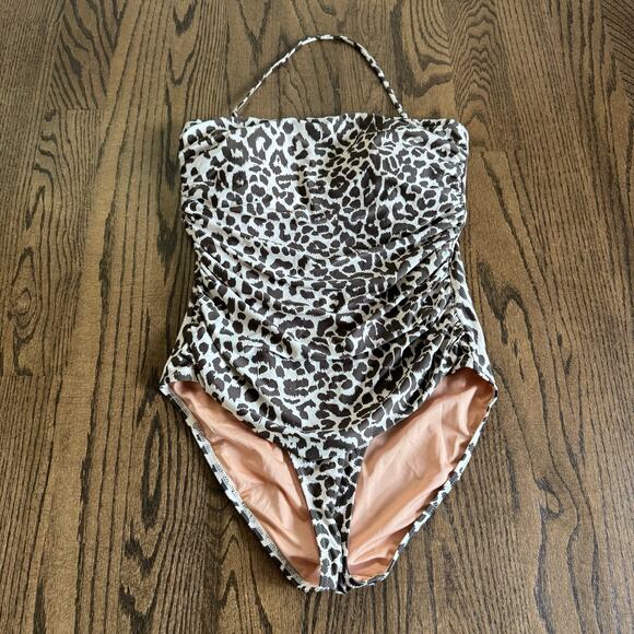 J.Crew Womens Ruched One Piece Swim Suit Gemma Bandeau Leopard Halter Size 12 - Picture 1 of 10